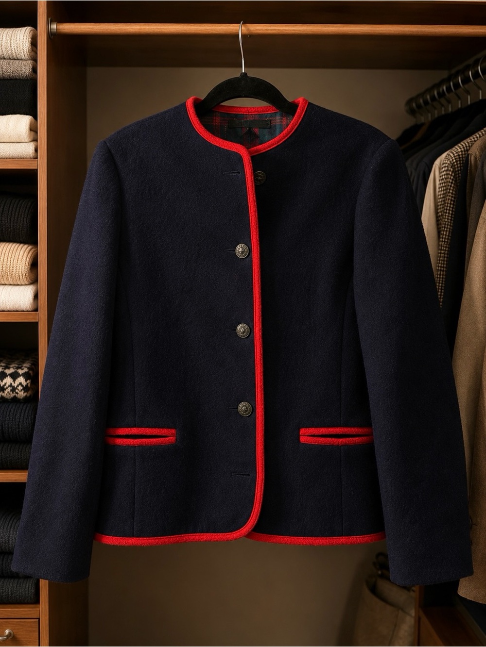 Navy Jacket with Red Trim - Women's Tailored Blazer